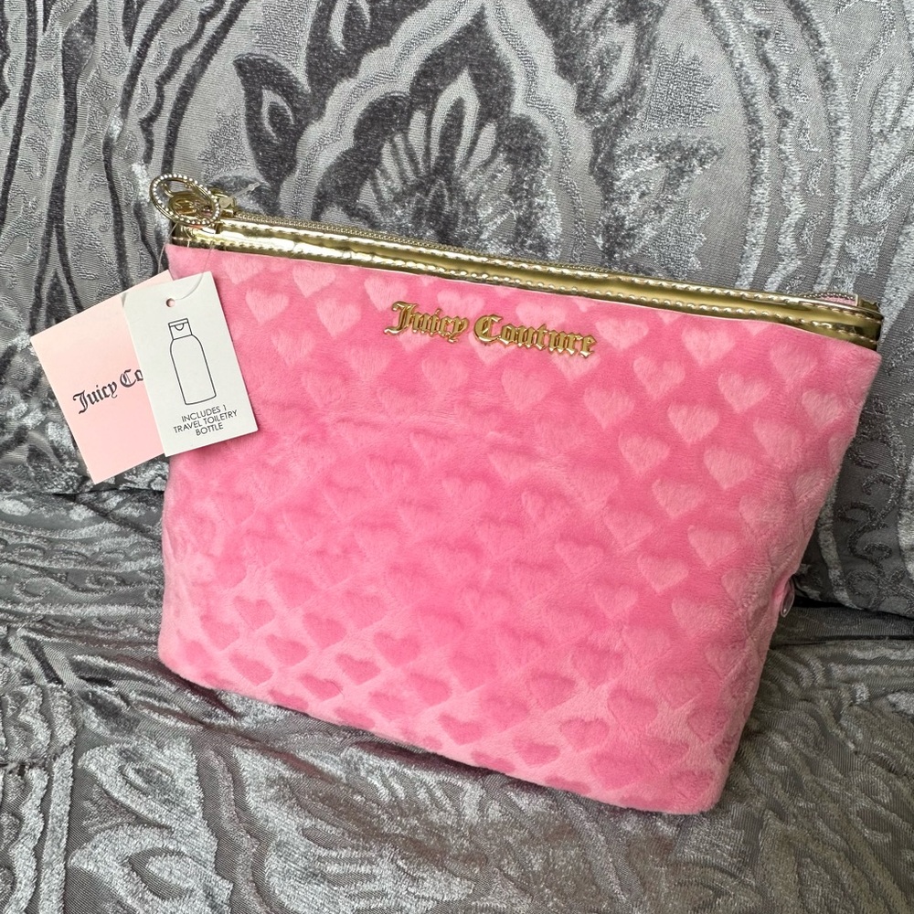 JUICY COUTURE PINK VELOUR COSMETICS BAG CASE W/ Bottle